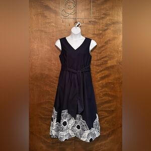 Anne Klein Sleeveless Border Print Midi Dress Womens 10 Navy & White A-Line NWT